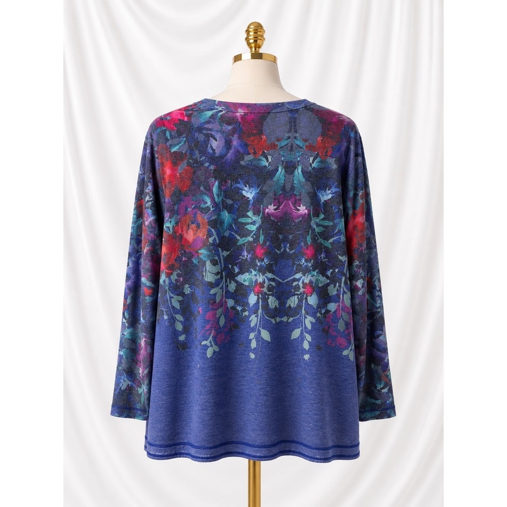 Soft Surroundings Pullover Top Soft Knit Blue Floral Womens Large V-Neck - Picture 2 of 10